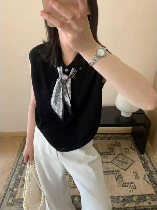 韩系POLO翻领针织衫女送丝巾冰丝2025夏季新款纽扣高级感宽松无袖上衣女 商品图1