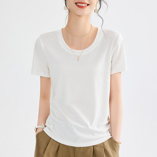 「自」全新升级【铂金会员109/天猫149/差价40】(20748)洛诗琳莱赛尔亚麻U领T恤2025夏季正肩显瘦小飞袖凉感上衣 商品图1