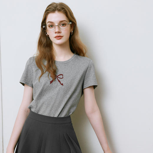 【商场同款】诗凡黎蝴蝶结纯棉T恤2025夏新款正肩小上衣3G4200381 商品图2