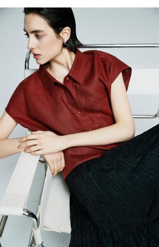 （小眠专属）初棉无袖口袋小金扣宽松版亚麻衬衫 商品图2