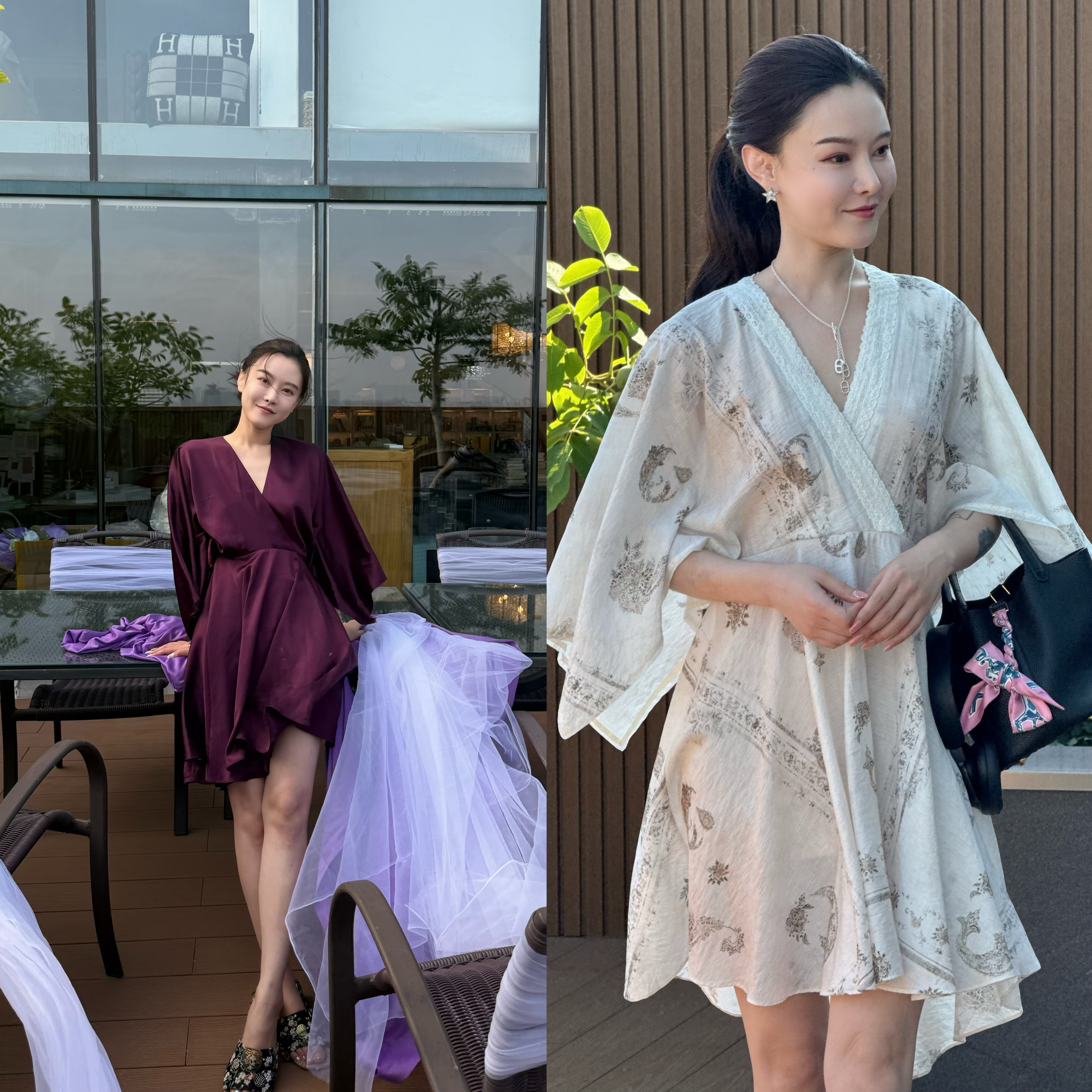 DUO智仙 黑标 水月松风 可外穿度假风紫色晨袍和印花连衣裙