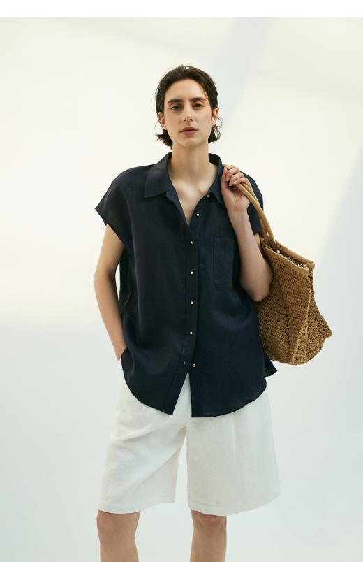 （小眠专属）初棉无袖口袋小金扣宽松版亚麻衬衫 商品图3