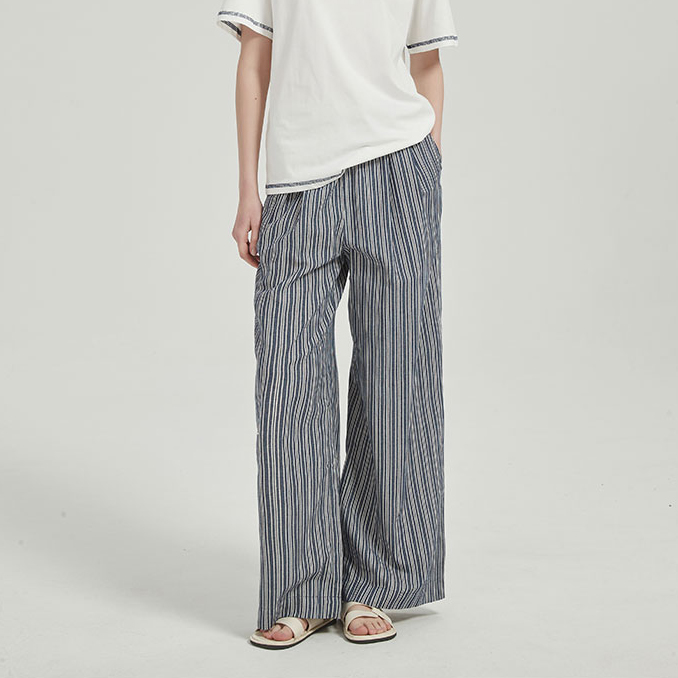 【2件9折】【Petit Bari】(多色)慵懒松弛松紧腰竖条纹廓型休闲裤