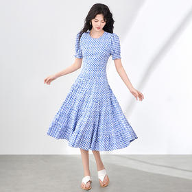 「高货wl」全新升级【铂金会员330/天猫439/差价109】(35653)洛诗琳设计感植绒格纹连衣裙2025夏季法式清新减龄大摆裙