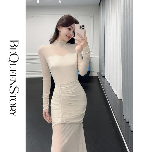 余潇潇【极夜星辰】气质性感烫钻拼接针织抽褶修身弹力鱼尾连衣裙 商品图0
