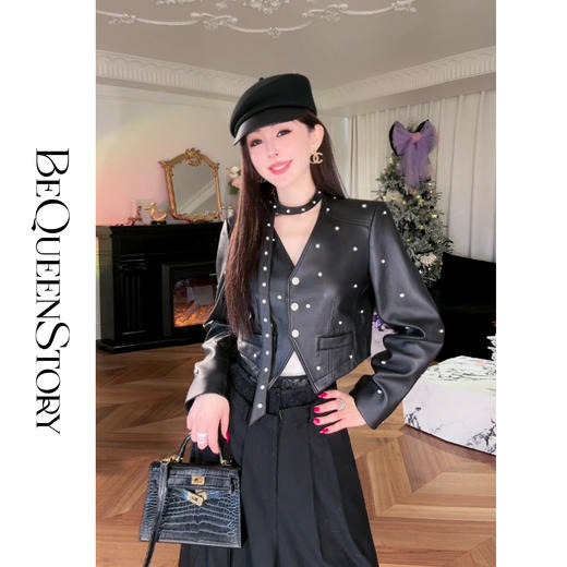 【孤品样衣，不退不换】【傲气女爵】2025春装百搭飘带优质绵羊皮钉珠V领皮衣 商品图4