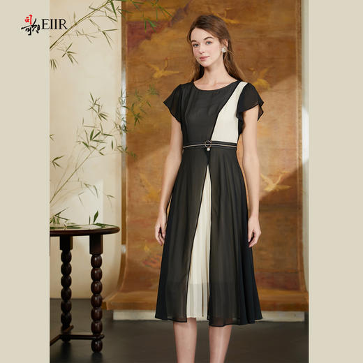 司歌雪纺拼接黑白不规则连衣裙短袖A911147X 商品图1