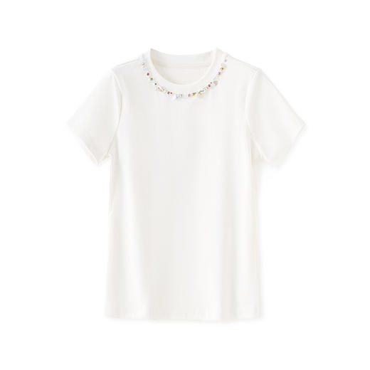 「高货wl」全新升级【铂金会员183/天猫239/差价56】(02802)洛诗琳时髦海螺钉珠圆领T恤2025夏季新款修身显瘦通勤上衣 商品图4