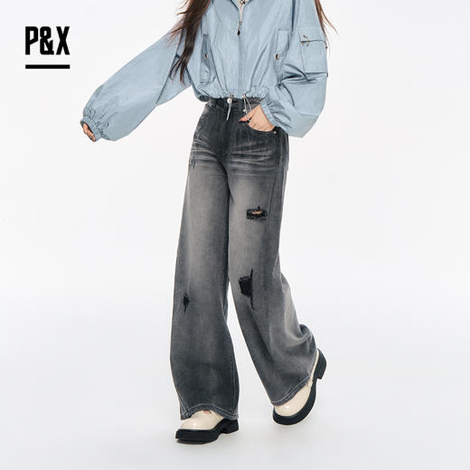 P&X设计师女装2025秋季做旧高街宽松阔腿牛仔长裤 825310254 黑色 商品图3
