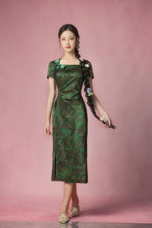 逸红颜明月优选​​「夏木·谷幽1」23姆米素绉缎香云纱，蝴蝶结小鱼尾连衣裙，复古腰果花夏日林间诗~ 商品图9