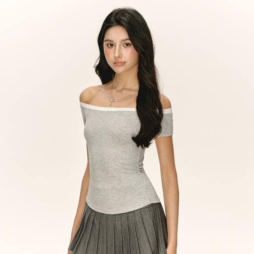 Ariseism 美式复古设计感一字肩短袖t恤女夏季新款修身上衣 商品图2