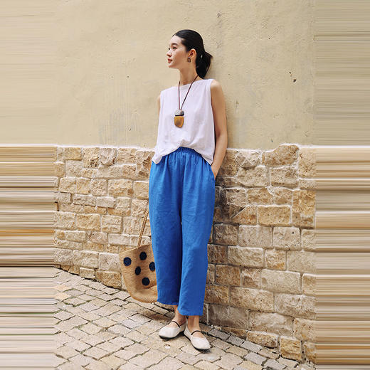 绽放404朵/【多巴胺系列·小萝卜裤】干洗亚麻松紧腰七分休闲裤女 商品图2