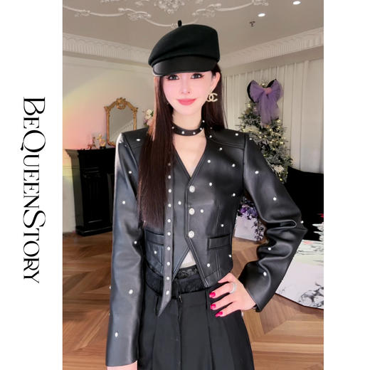 【孤品样衣，不退不换】【傲气女爵】2025春装百搭飘带优质绵羊皮钉珠V领皮衣 商品图2