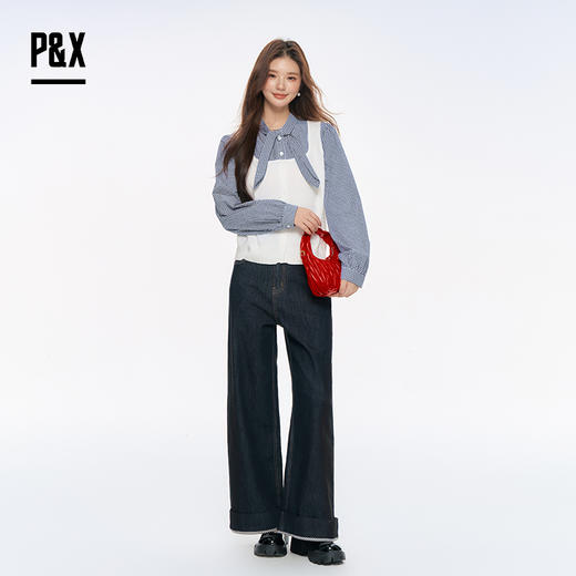 P&X设计师女装2025秋季阔腿裤竹节裤牛仔长裤825310251 深蓝 商品图1