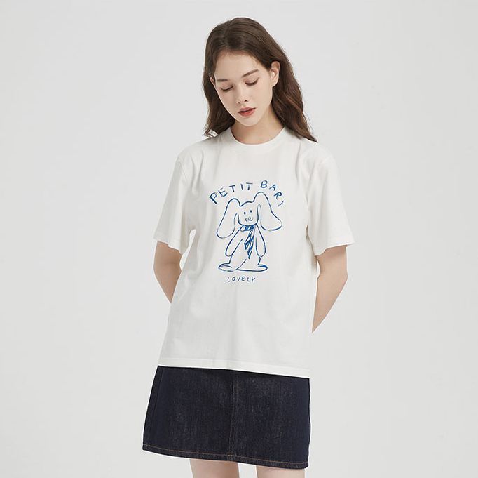 【2件9折】【Petit Bari】涂鸦手绘兔子印花凉感索罗娜短袖T恤
