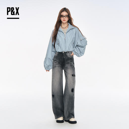 P&X设计师女装2025秋季做旧高街宽松阔腿牛仔长裤 825310254 黑色 商品图1