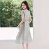 老钱风灰绿色亚麻小飞袖连衣裙 商品缩略图1