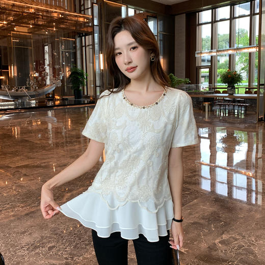 奢姿大码女装2025夏季圆领波西米亚风T恤胖妹妹假两件拼接上衣9952222319 商品图4