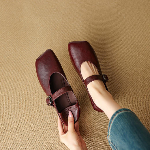 【预售5天】法式复古斜方头玛丽珍女鞋，真皮一字带浅口低跟单鞋NJMK&K1675 商品图4