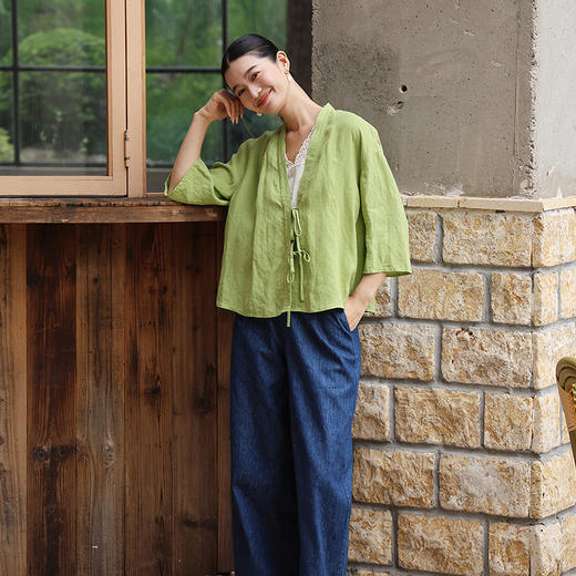 绽放女装399朵/【多巴胺系列】砂洗亚麻开襟系带七分袖短外套舒适 商品图1