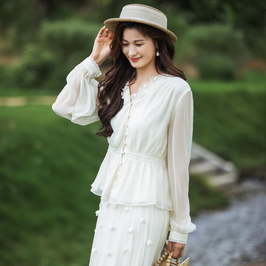 【林栖设计小店】真丝衫拼蕾丝花边优雅气质修身显瘦2025秋季新款上衣女1953048 商品图0