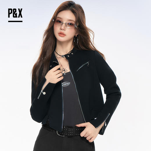 P&X设计师女装2025秋新款短款百搭女夹克针织外套 825313198 黑色 商品图0