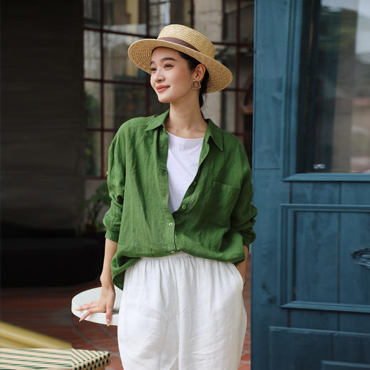 绽放女装387朵/【多巴胺系列】干洗亚麻小翻领贴袋长袖衬衫女百搭 商品图2