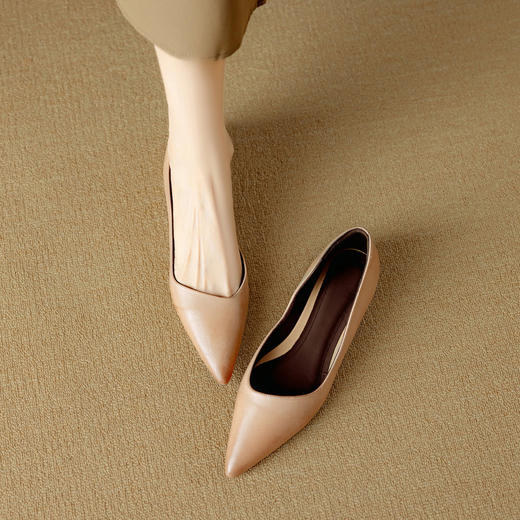 【预售5天】头层水洗牛皮通勤低跟单鞋法式优雅尖头浅口侧空百搭舒适气质女鞋DB&M6387 商品图2