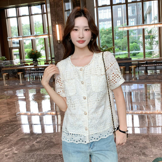 奢姿大码女装2025夏季胖妹妹圆领波西米亚织带镂空刺绣短袖上衣9952222253 商品图4
