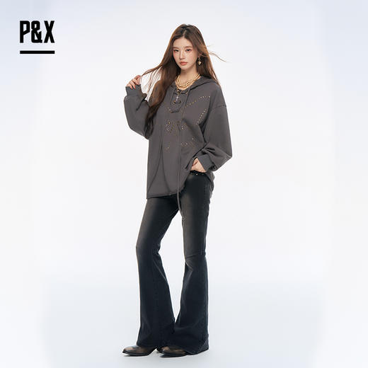 P&X设计师女装2025秋新款街头休闲纯色中长款卫衣825317144 灰色 商品图4