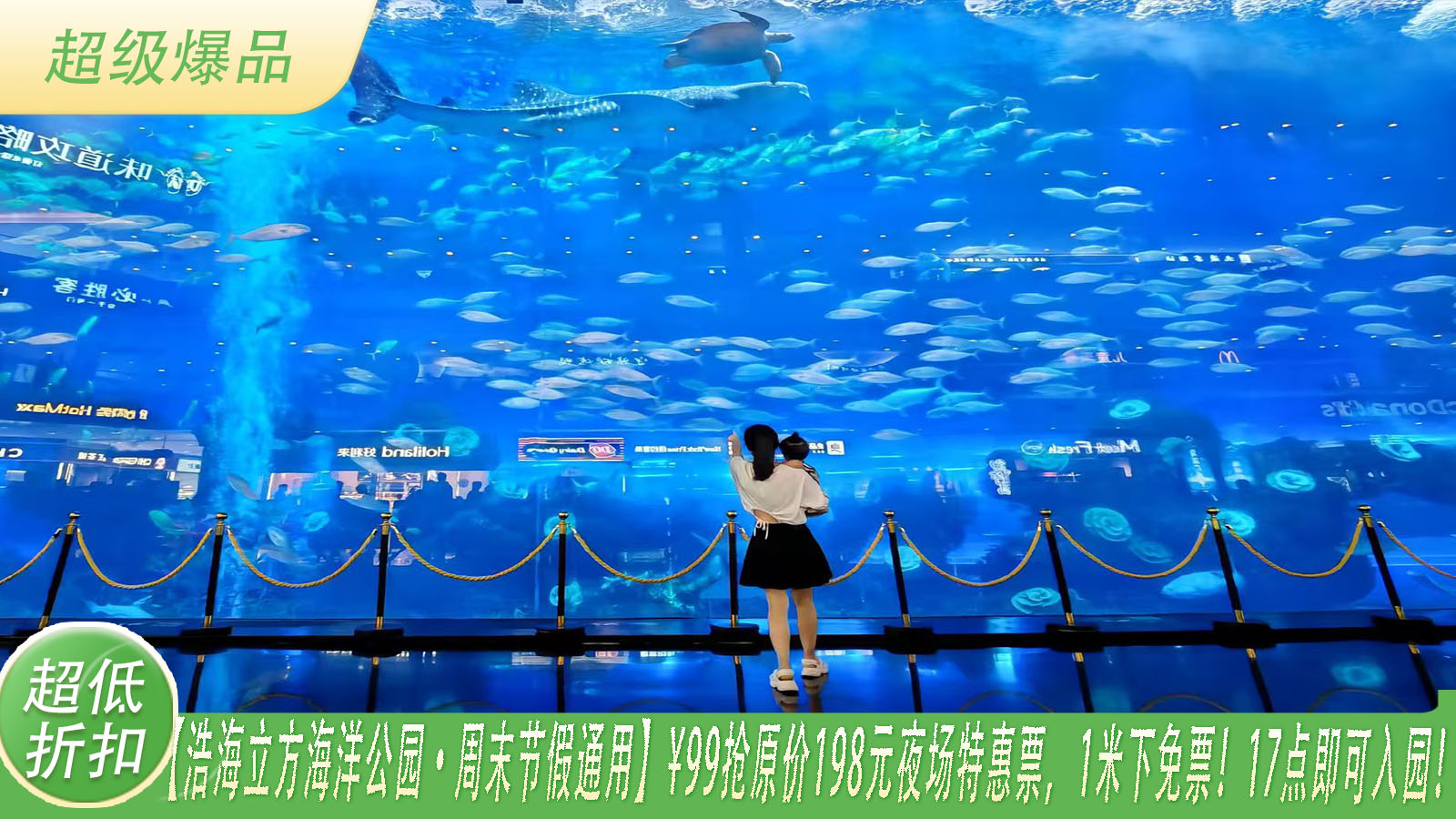 至少提前1天购买【浩海立方海洋公园·周末节假通用】¥99抢原价198元夜场特惠票，1米下免票！17点即可入园！创世界纪录巨型海洋观景窗，20+特色主题场馆畅玩！