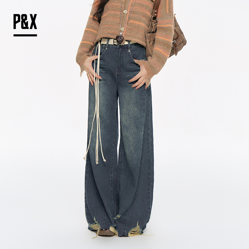 P&X设计师女装2025秋新款丹宁风街头阔腿牛仔长裤 825310244 蓝色