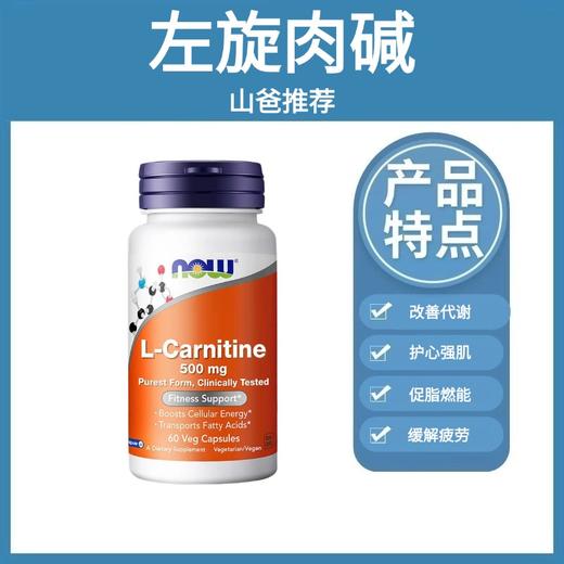 左旋肉碱｜500mg 高含量 左旋肉碱 60粒装 每日1粒 提高代谢 促进脂肪进入线粒体  NOW诺奥左旋肉碱胶囊 商品图0