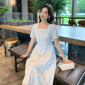 奢姿大码女装2026年夏装时尚褶皱方领连衣裙胖妹妹减龄纹理裙子9952894073
