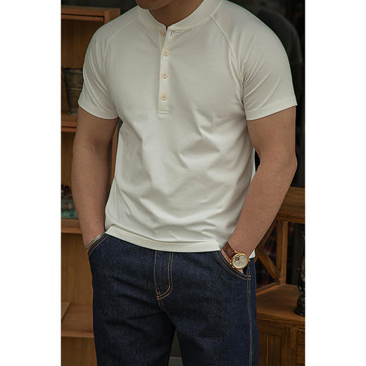 【硬派复古风 凉感索罗娜 高弹不束缚】唔刃美式亨利领插肩T恤（WR241TE1008） 商品图5