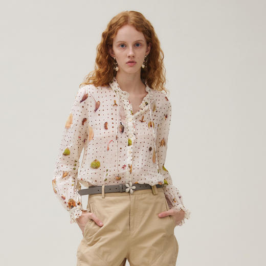 谜底衬衣长袖女2025秋新品复古通勤苎麻印花荷叶边衬衫253MC1244 商品图1