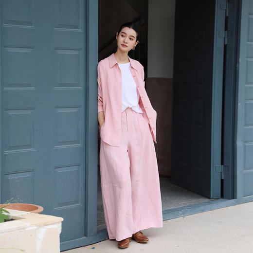 绽放402朵/【多巴胺系列】石磨洗亚麻半腰松紧捏褶分割直筒长裤女 商品图3