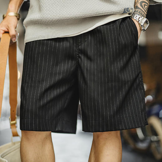 马登工装日系竖条纹灰色西装短裤cityboy松紧腰直筒五分裤男夏季 商品图4