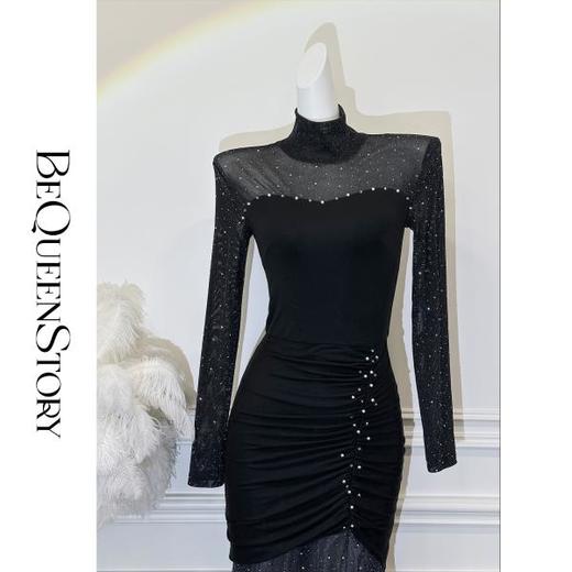 余潇潇【极夜星辰】气质性感烫钻拼接针织抽褶修身弹力鱼尾连衣裙 商品图4