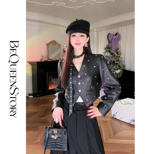 【孤品样衣，不退不换】【傲气女爵】2025春装百搭飘带优质绵羊皮钉珠V领皮衣 商品图3