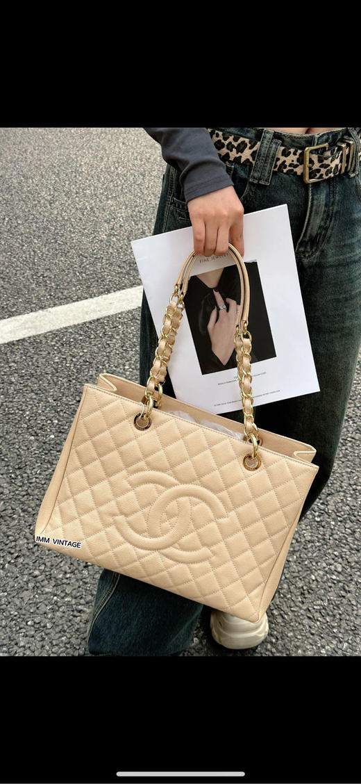 Chanel GST 荔枝纹牛皮 奶茶金 购物袋 商品图1