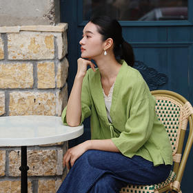 绽放女装399朵/【多巴胺系列】砂洗亚麻开襟系带七分袖短外套舒适