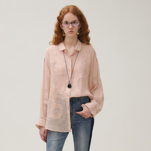 谜底衬衣长袖女2025秋季新品复古通勤灰粉调贴布绣衬衫253MC1164 商品图0