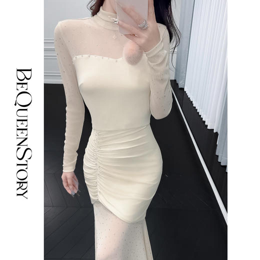 余潇潇【极夜星辰】气质性感烫钻拼接针织抽褶修身弹力鱼尾连衣裙 商品图3