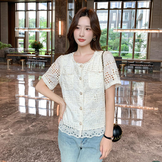 奢姿大码女装2025夏季胖妹妹圆领波西米亚织带镂空刺绣短袖上衣9952222253 商品图2