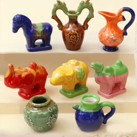 【唐三彩摆件·真陶瓷】唐三彩小马富贵象凤首瓶手办摆件