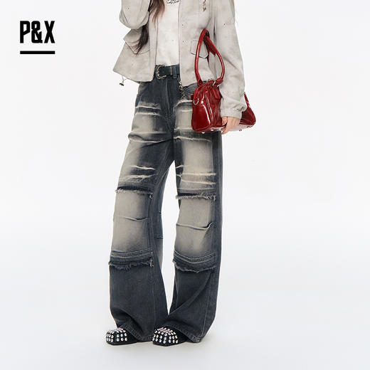P&X设计师女装2025秋季个性休闲美式阔腿牛仔长裤 825310250 黑色 商品图1