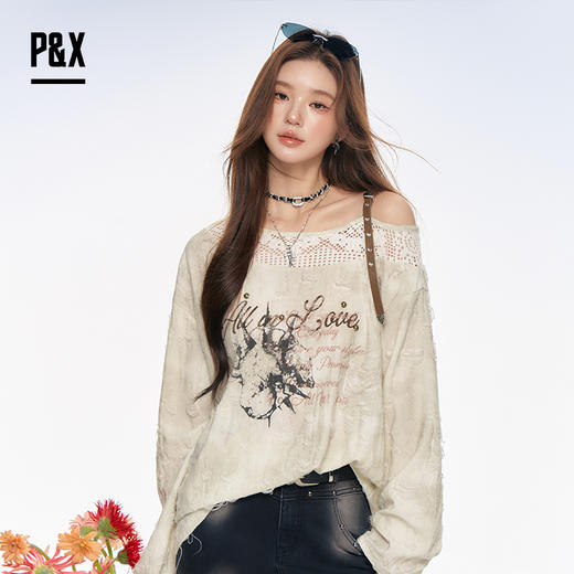 P&X设计师女装2025秋季新款露肩拼接镂空长袖T恤825302216 灰杏 商品图0