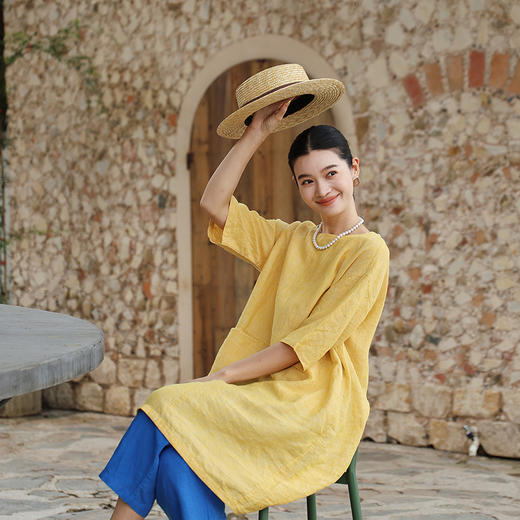 绽放旅行女386朵/【多巴胺系列】色织亚麻一字袋落肩中袖连衣裙女 商品图2