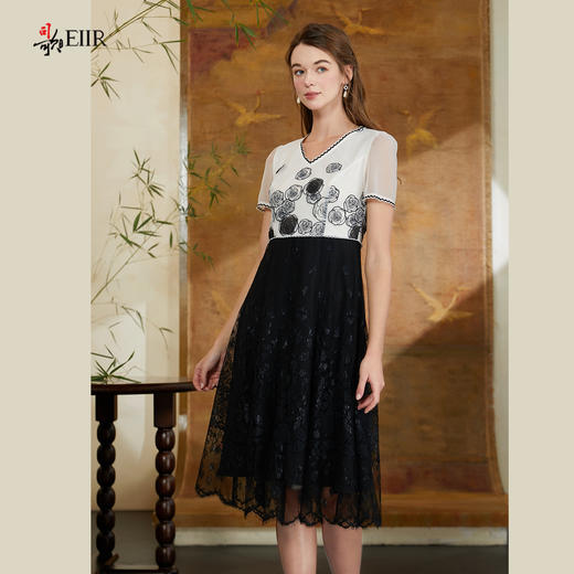 司歌拼接连衣裙绣花蕾丝黑白A911086X 商品图1